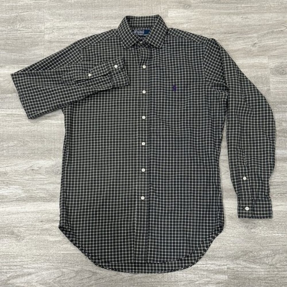 Polo Ralph Lauren Dress Shirt Button-Down Gray White Plaid Classic Fit Men’s Sma